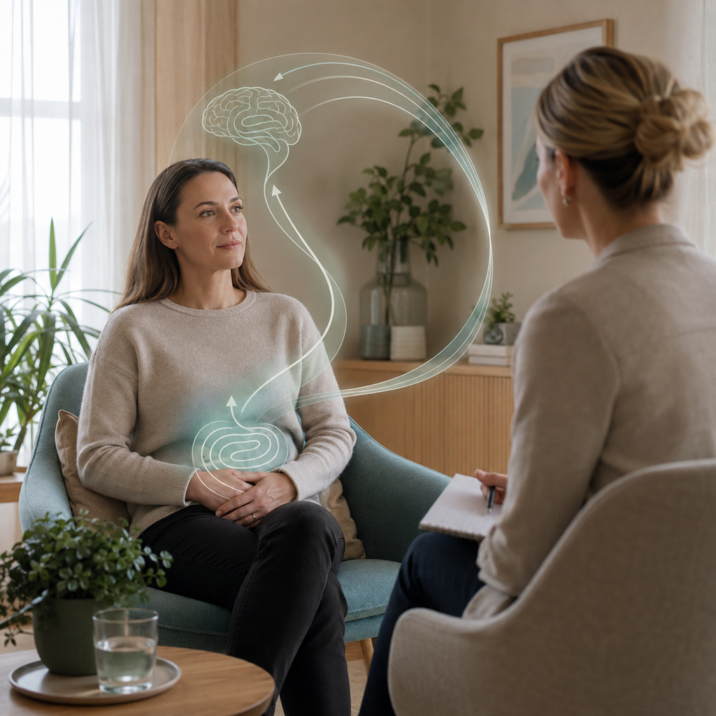 Tarmrettet hypnoterapi ved IBS – illustrasjon av samspillet mellom hjernen og tarmen under en terapeutisk konsultasjon.